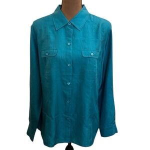 Tommy‎ Bahama Teal Silk Button Up Blouse Long Sleeves Size L